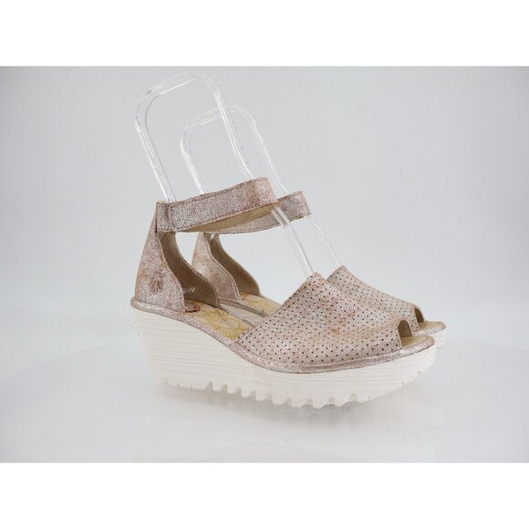 Fly London Women Yake Sandal Size 37 6 Pearl Leather Slingback Wedge Platform - Picture 1 of 13